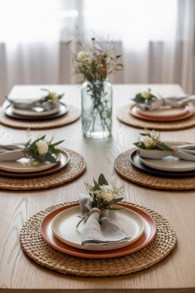 A photograph of an elegantly set dining table showcasing a minimalist Scandinavian aesthetic. Six place settings are meticulously arranged along the table, each featuring a large round jute placemat layered with three ceramic plates in varying shades of terracotta, beige, and cream, and a neatly folded light gray linen napkin. Delicate white and green floral arrangements, tied with natural twine and featuring sprigs of eucalyptus, adorn each setting, while a blurred glass vase with wildflowers sits subtly in the background. Soft, natural light filters through sheer curtains, creating a warm and inviting atmosphere, highlighting the subtle textures of the wood, linen, and woven elements.