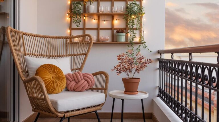 A photograph of a cozy balcony interior, centered on a woven rattan armchair radiating peaceful relaxation. The armchair boasts a plush white cushion, a fall-colored knotted throw pillow, and a mustard yellow decorative pillow, all set against a crisp white wall with a wooden grid shelf. The shelf showcases a collection of glasses, soft string lights, and trailing plants in mint green and white pots, while a small white round side table holds a terracotta pot with faux branches. Soft sunset light in hues of blush, peach, and dusty gold bathes the scene, illuminating the warm fall tones and highlighting the wrought iron railings and light brown wooden floor.