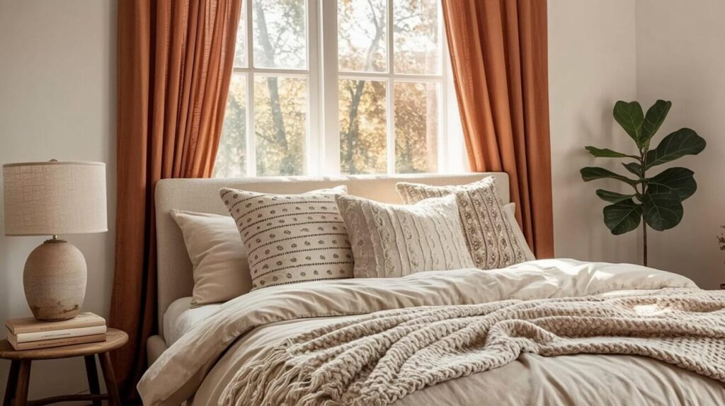 A photograph of a serene fall bedroom bathed in the warm glow of natural sunlight streaming through a window. A plush, cream-colored bed with a woven throw blanket and several patterned pillows dominates the frame, while a bedside table holds a stack of books and a delicate ceramic lamp with a linen shade. The curtains are a deep rust orange, softly filtering the light and complementing the room’s cozy, pinterest-popular aesthetic, and a potted fiddle-leaf fig stands gracefully in the corner. The overall mood is inviting and peaceful, evoking a sense of autumnal tranquility.