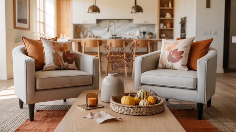 A photograph showcases a cozy, modern living room bathed in warm natural light. In the foreground, two light gray armchairs with black wooden legs sit gracefully on a woven jute rug with a rust-toned runner, each adorned with throw pillows featuring muted terracotta, blush, and ochre floral prints. A low wooden coffee table holds a matte ceramic vase with dried oak branches, a small amber glass candle, and a woven tray filled with mini heirloom gourds—adding to the inviting ambiance. Beyond the armchairs, the open-concept kitchen seamlessly blends in, highlighted by antique brass pendant lights and a marble backsplash, creating a welcoming and bright space.