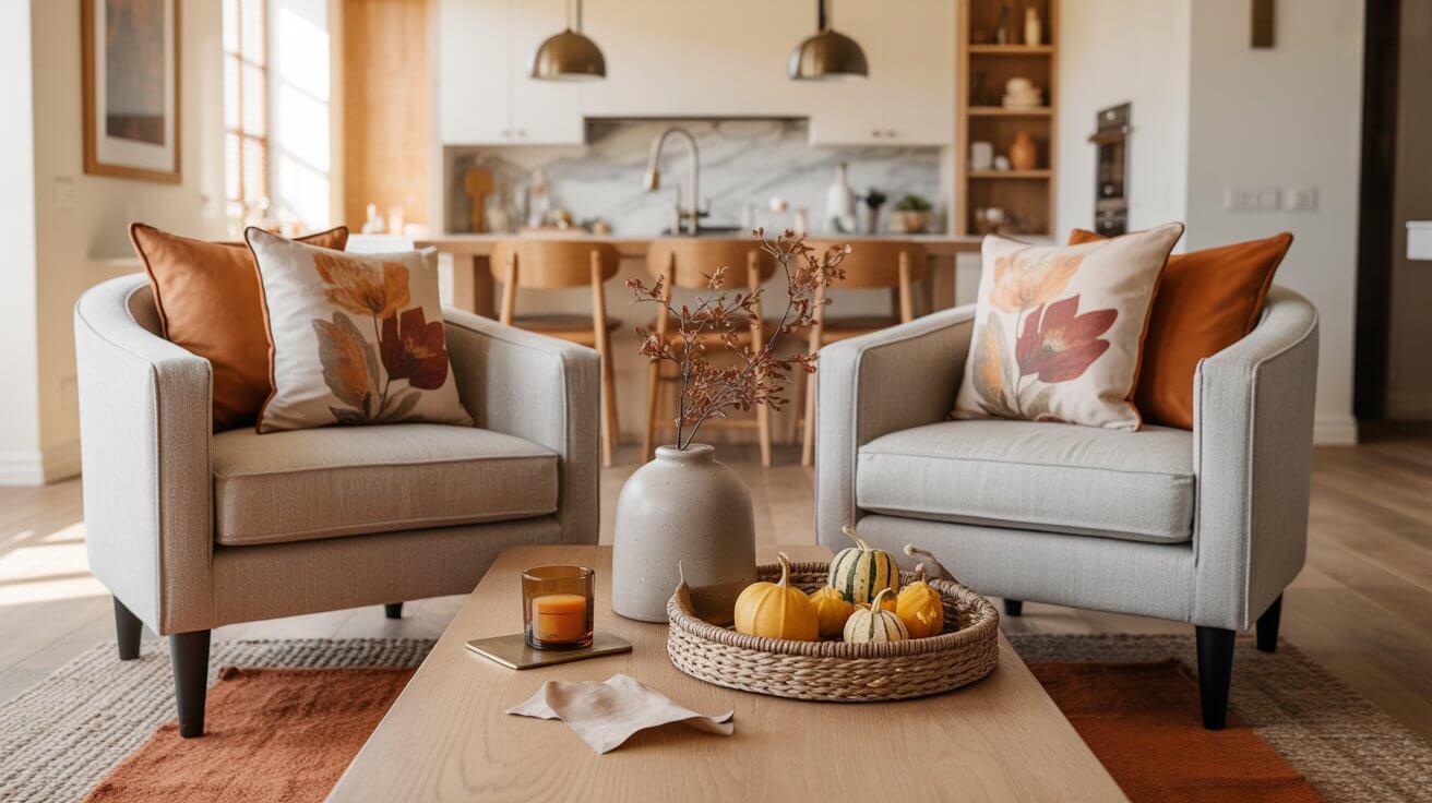 A photograph showcases a cozy, modern living room bathed in warm natural light. In the foreground, two light gray armchairs with black wooden legs sit gracefully on a woven jute rug with a rust-toned runner, each adorned with throw pillows featuring muted terracotta, blush, and ochre floral prints. A low wooden coffee table holds a matte ceramic vase with dried oak branches, a small amber glass candle, and a woven tray filled with mini heirloom gourds—adding to the inviting ambiance. Beyond the armchairs, the open-concept kitchen seamlessly blends in, highlighted by antique brass pendant lights and a marble backsplash, creating a welcoming and bright space.