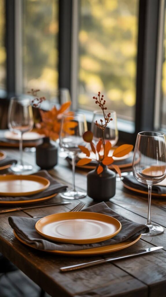 A high-end restaurant table setting with a dark wooden table surface. The place setting includes orange-rimmed ceramic plates stacked on top of dark gray linen napkins. Multiple wine glasses are positioned around the table. Small black ceramic vases with orange-red dried flowers and foliage are placed between the place settings. The table is set with silver cutlery. The background shows floor-to-ceiling windows with a blurred natural outdoor scene displaying warm autumn colors. The lighting is warm and natural, coming from the windows. The composition is shot from a low angle, focusing on the front place setting while the background settings fade into a soft bokeh effect. The color palette consists of warm oranges, dark grays, and rich browns, creating an elegant autumn-themed dining atmosphere.
