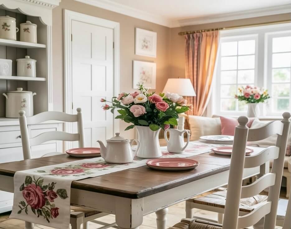 A photograph of a cozy cottage dining area centered around a rustic wooden table adorned with a floral-patterned table runner featuring pink and red roses. A white ceramic teapot and a fresh bouquet of pink and white flowers in a white vase sit elegantly on the table, with fall-toned plates arranged artfully around them. The room features warm beige walls accented by white trim and crown molding, complemented by a large window draped with warm-colored curtains and a white-painted shelving unit displaying ceramic canisters and jars. Soft, diffused sunlight streams through the window, casting a gentle glow across the room and highlighting the distressed white ladder-back chairs.