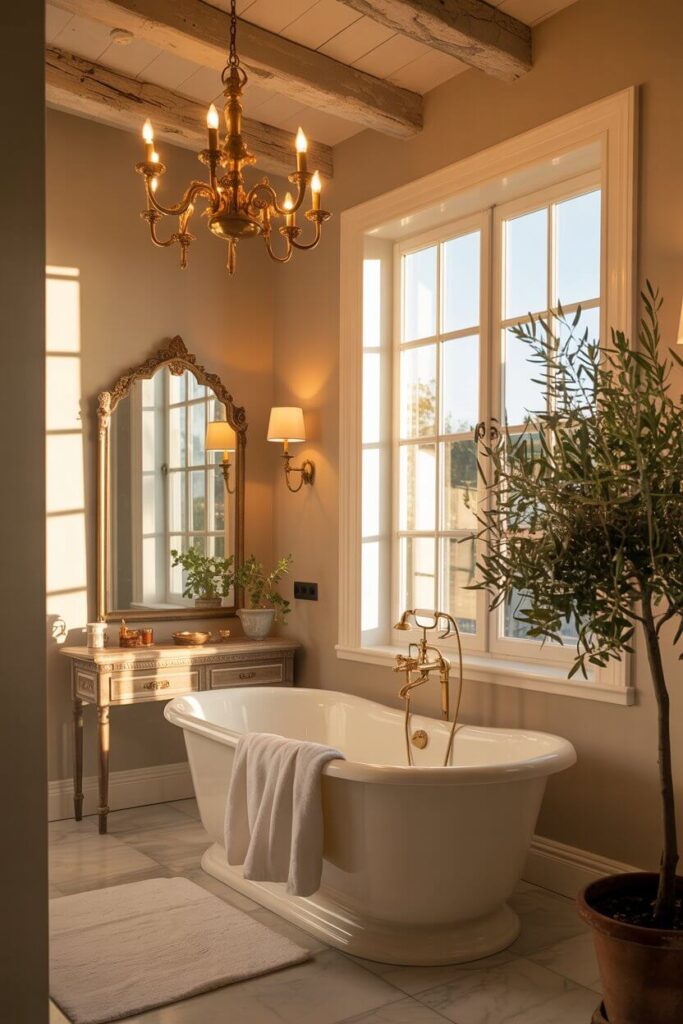 luxurious farmhouse bathroom warm afternoon sunlight