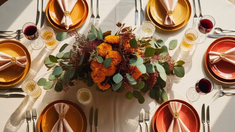 A photograph of an elegantly set dining table viewed from directly above, exhibiting a perfect symmetrical arrangement. At the table's center rests a lavish floral centerpiece, brimming with vibrant orange marigolds, glossy green eucalyptus leaves, and deep burgundy foliage cascading onto a cream linen tablecloth . Each ceramic plate, a gradient of warm orange tones, is meticulously set with gleaming silver cutlery and cream coral-colored napkins adorned with delicate gold napkin rings, accompanied by crystal wine glasses filled with ruby red and golden white wine, alongside petite clear vases containing effervescent sparkling cider. Soft, diffused sunlight streams through a nearby arched window